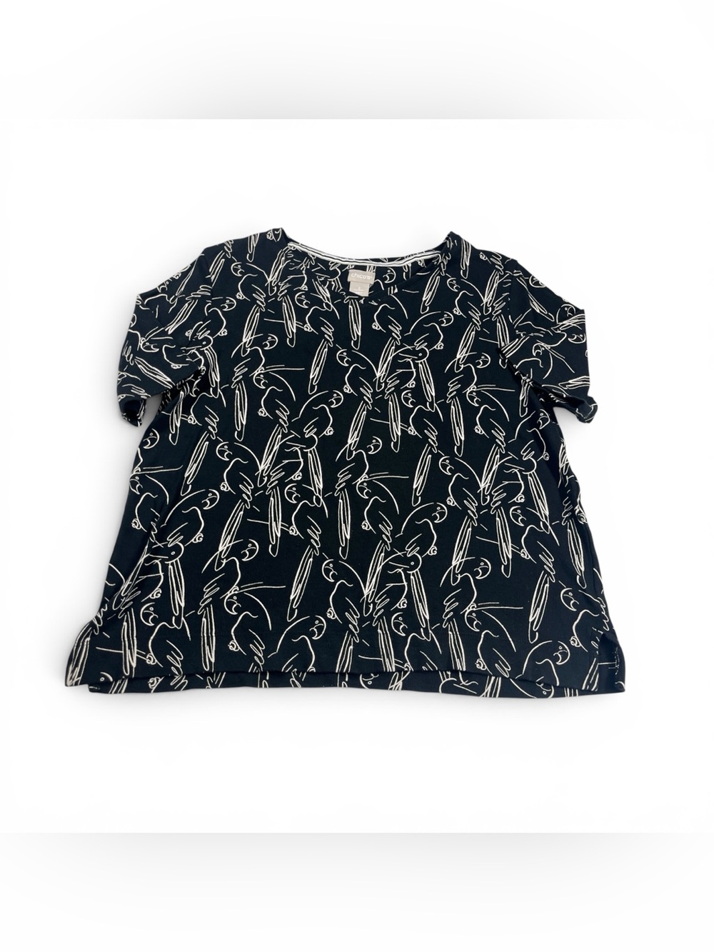 Chicos Cotton Top Parrot Doodle Print Short Sleeve V-Neck Breathable Shirt 2 L